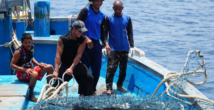 Cambodian migrant fishers on board a Thai flagged fishing vessel