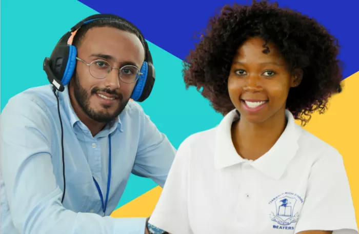 man with headphones and woman smiling