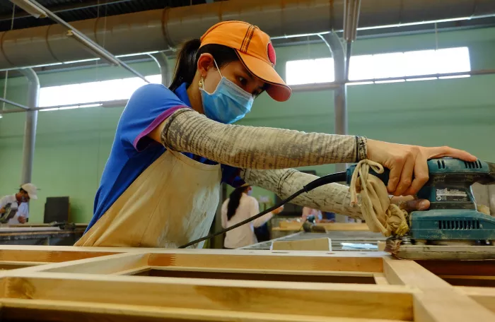 A female worker is using tool to make wooden furniture