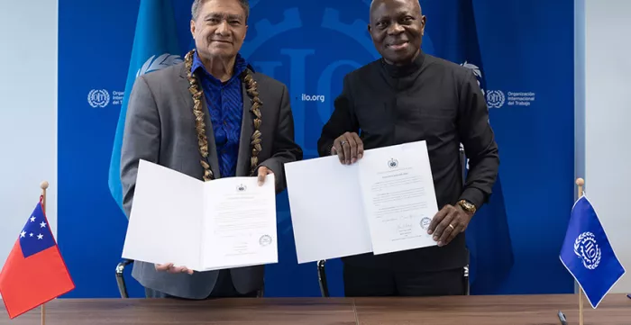 Ratification ceremony of Conventions Nos. 187 and 190 on 31 May 2024: M. Leota Laki Lamositele Sio, the Minister of Commerce, Industry and Labour of Samoa and Gilbert F. Houngbo, DG of the ILO