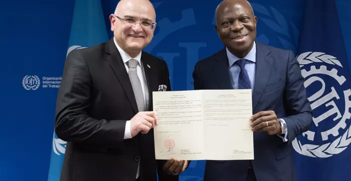 Ratification ceremony of the MLC, 14 February 2024: H.E. Permanent Representative of Georgia, Ambassador Alexander Maisuradze and Gilbert F. Houngbo, Director-General of the ILO