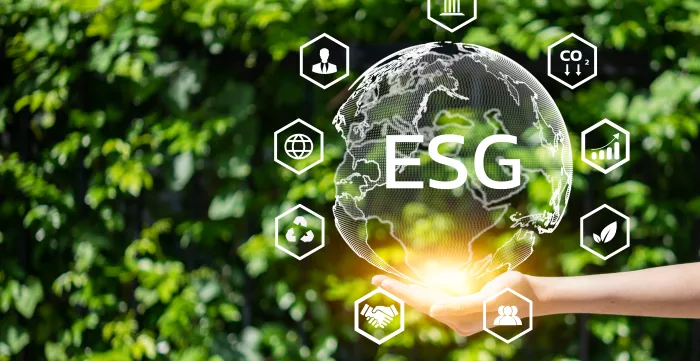  Organizations or companies develop carbon credit business virtual screen. Reduce CO2 emissions. Sustainable business development concept.ESG environmental social and governance